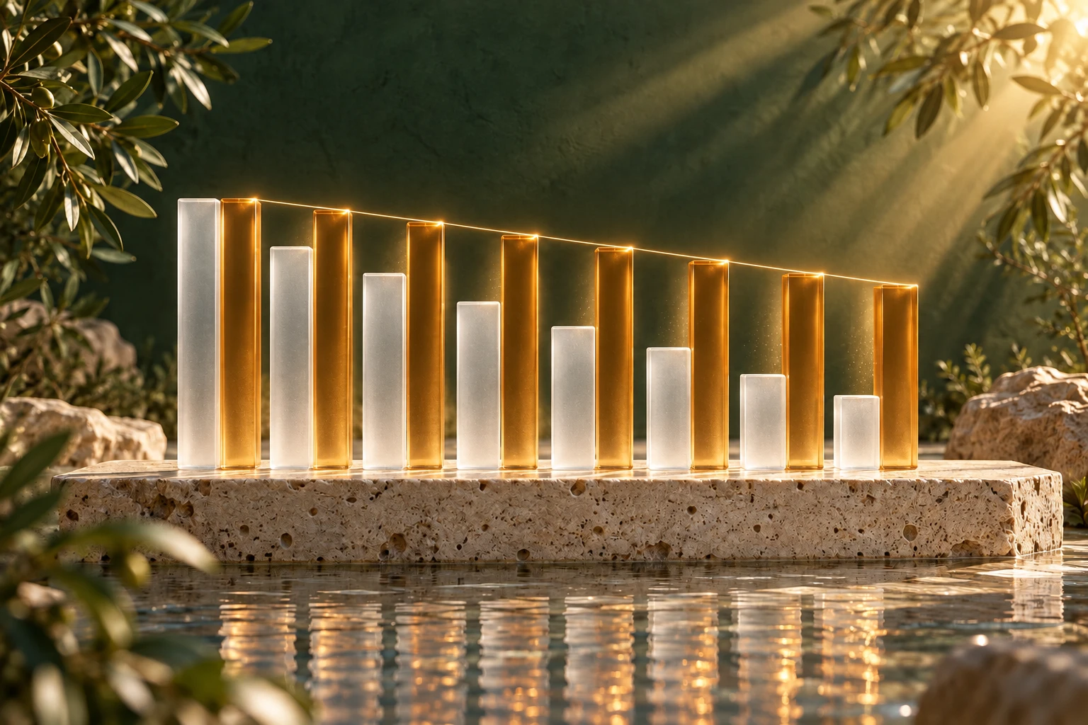 Frosted glass bars stepping down on a stone plinth beside taller amber glass bars that decline more slowly, a golden line along their tops
