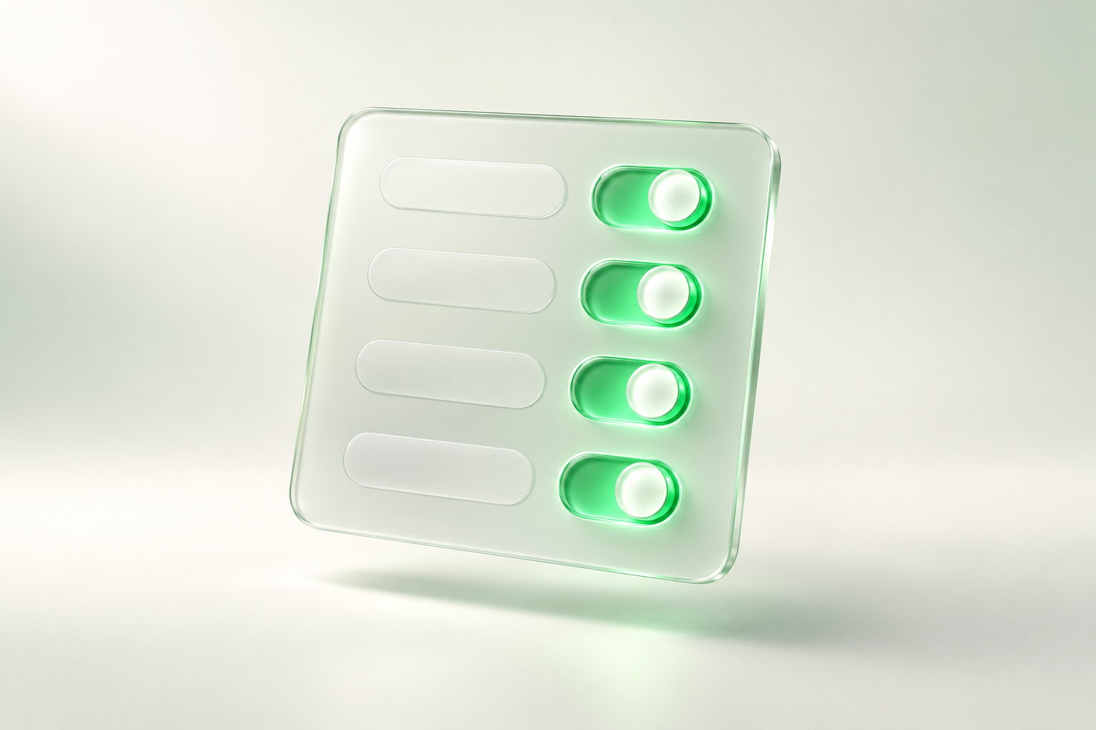 A frosted glass panel with four rows, each with a green switch turned on