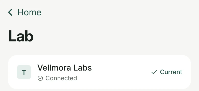 The Lab page of the patient app: Vellmora Labs, connected and current. To connect another lab or clinic, open the invitation it sends you.
