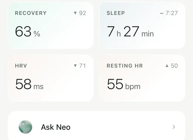 The Home screen of the patient app on iPhone: recovery 63 %, sleep 7 h 27 min, HRV 58 ms and resting heart rate 55 bpm from a connected wearable, and Ask Neo.