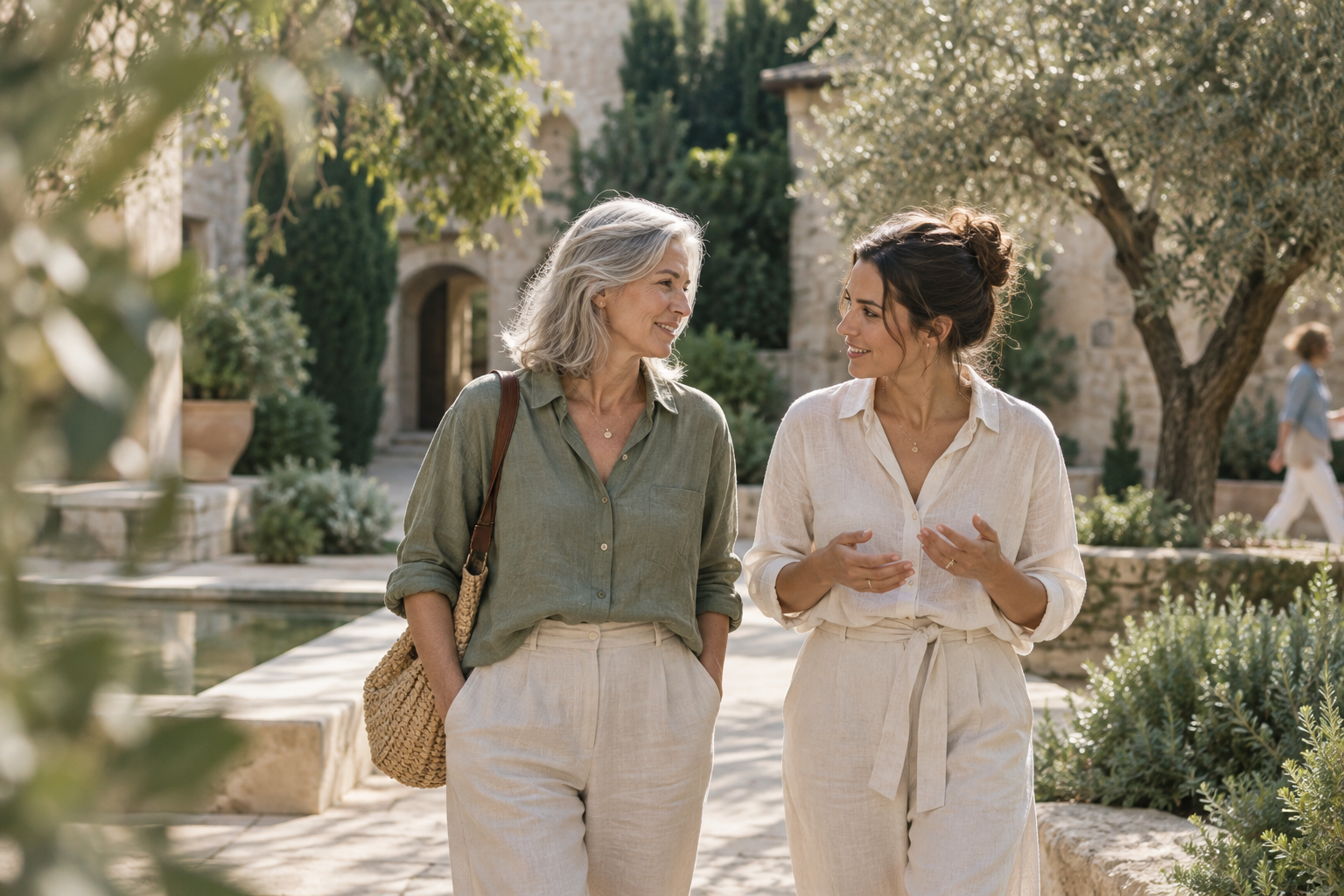 Two generations sharing a quiet conversation in a sunlit garden.