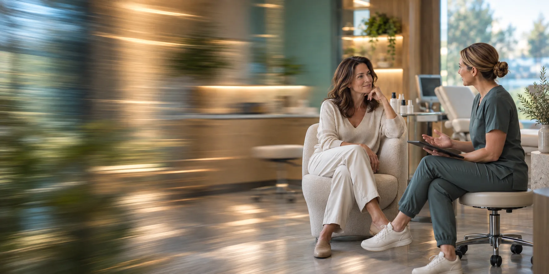 A clinician and a patient talking together in a contemporary aesthetic and longevity clinic.