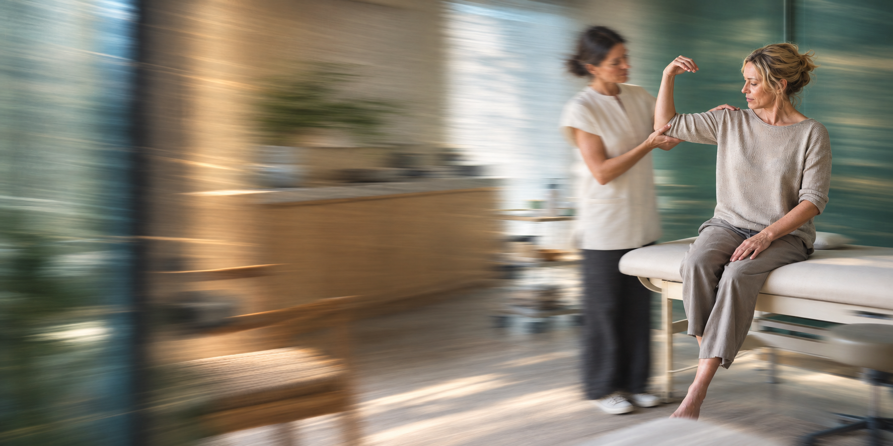 A practitioner assessing a patient’s shoulder movement in a warm modern treatment suite.
