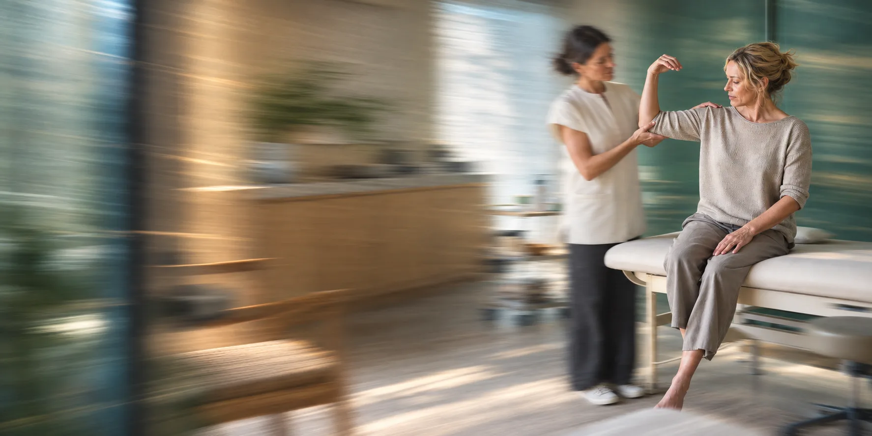 A practitioner assessing a patient’s shoulder movement in a warm modern treatment suite.