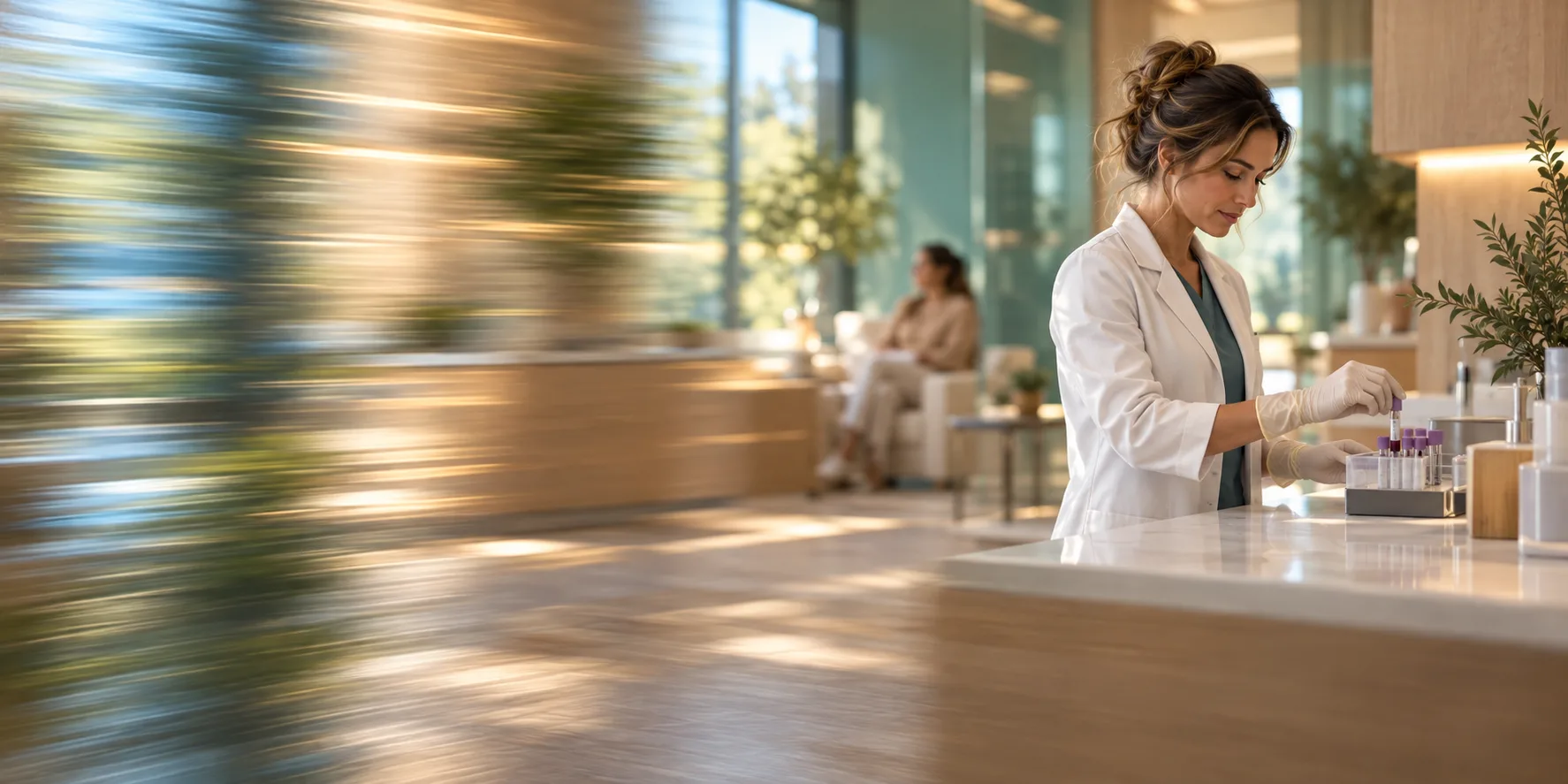 A lab technician placing capped sample tubes in a rack while a client waits in a bright, modern blood-draw room.