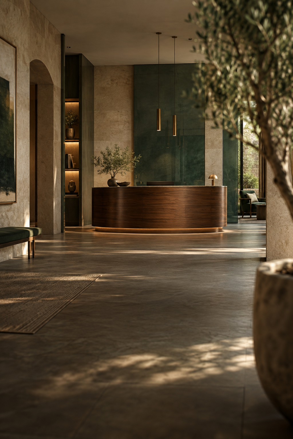 A warm, modern clinic reception with a walnut desk, green stone and softly blurred olive branches.