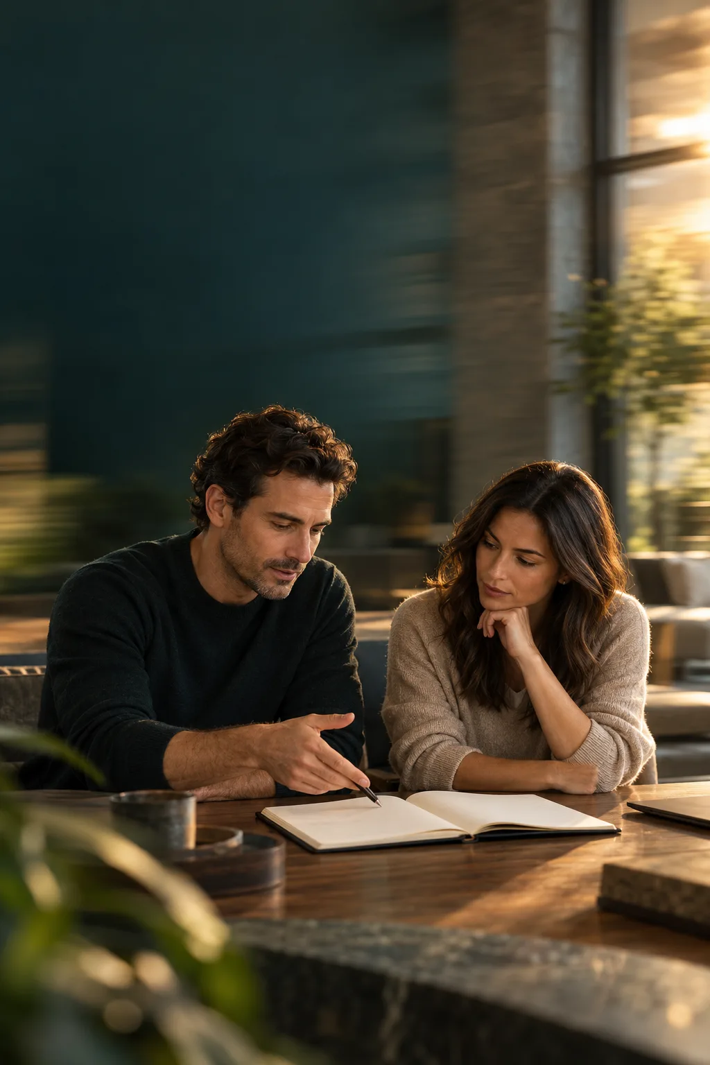 Two clinic leads planning together over a notebook at a walnut table in a calm, modern clinic.