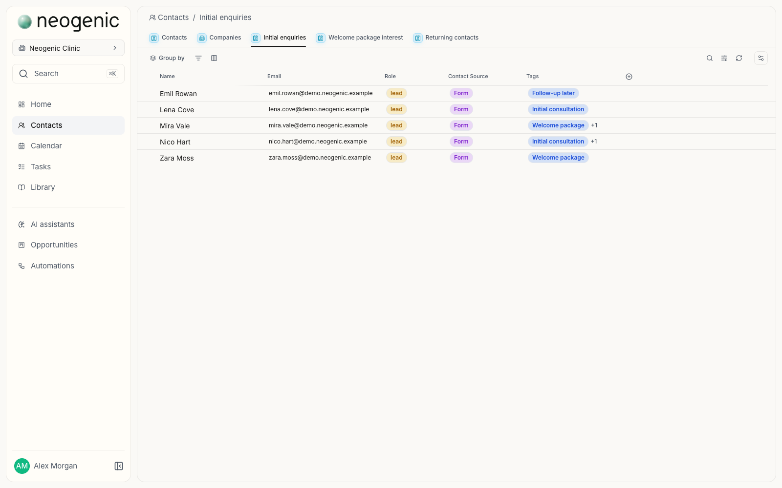 The saved Initial enquiries view listing five lead contacts from the form source, with their tags