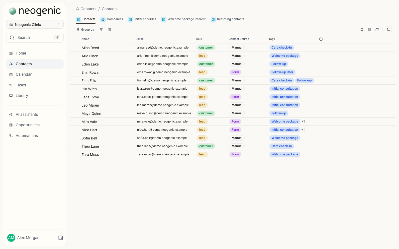 Contacts directory listing fourteen contacts with role, contact source and tags, beside saved views for initial enquiries, welcome package interest and returning contacts