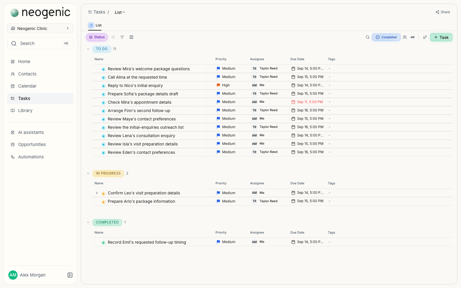 Task list grouped by To Do, In Progress and Completed, with priority, assignee and due date columns